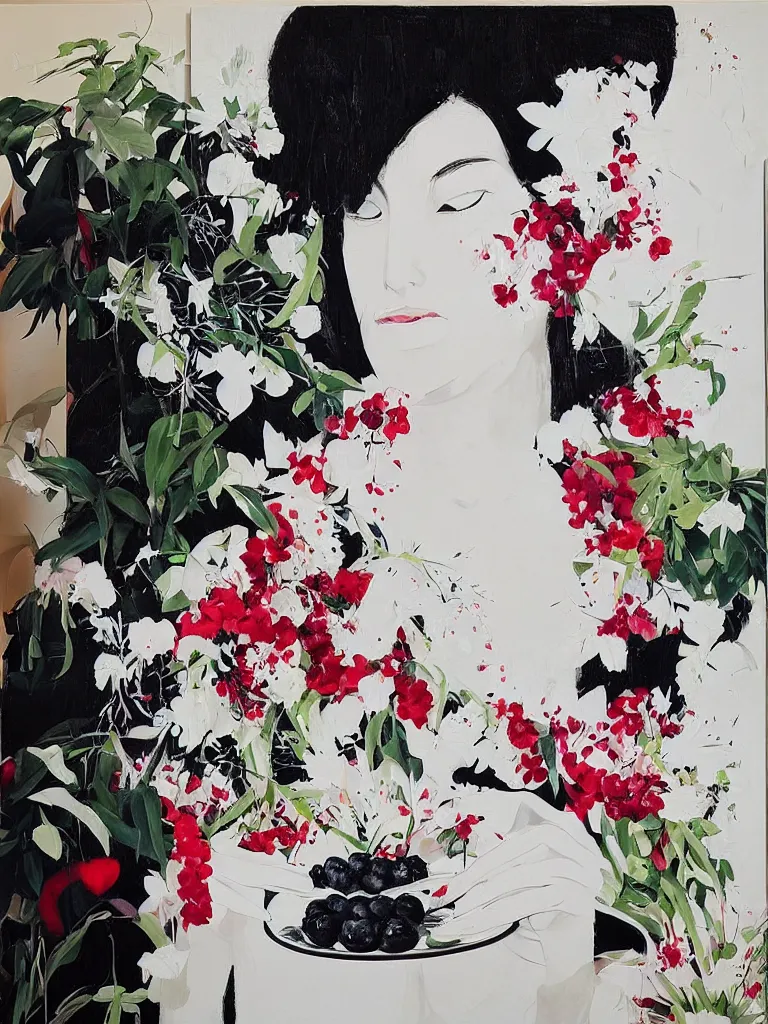 Image similar to “art in an Australian artist’s apartment, portrait of a woman wearing white cotton cloth, eating luscious fresh berries, white wax, edible flowers, Japanese pottery, ikebana, black walls, acrylic and spray paint and oilstick on canvas”