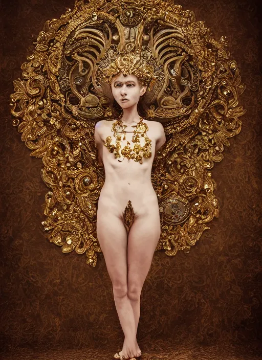Prompt: a portrait of female model by stefan geselle, photorealistic, intricate details, hyper realistic, fantasy, elegant, ornate metal gold headpiece, photorealistic, canon r 3, photography, wide shot, symmetrical features, wide angle shot, head to toe, standing pose, feet on the ground, studio background, wearable art