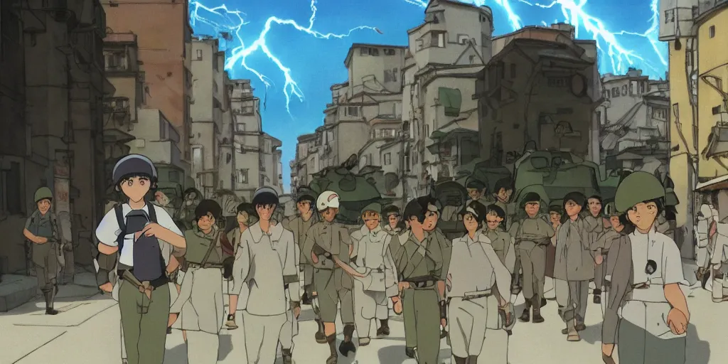 Image similar to wholesome animation studio Ghibli of a young soldier walking near some nazists and tanks in the city of Genova. Sharp bloom dramatic lightning