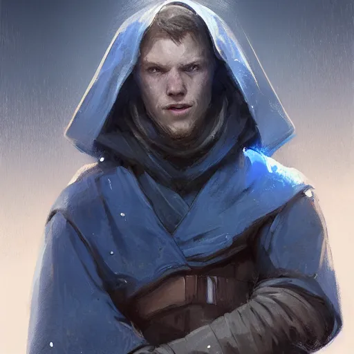 Prompt: portrait of a man by greg rutkowski, jedi knight, he looks like cameron monaghan, short beard, wearing a blue flying jacket, star wars expanded universe, he is about 3 0 years old, highly detailed portrait, digital painting, artstation, concept art, smooth, sharp foccus ilustration, artstation hq