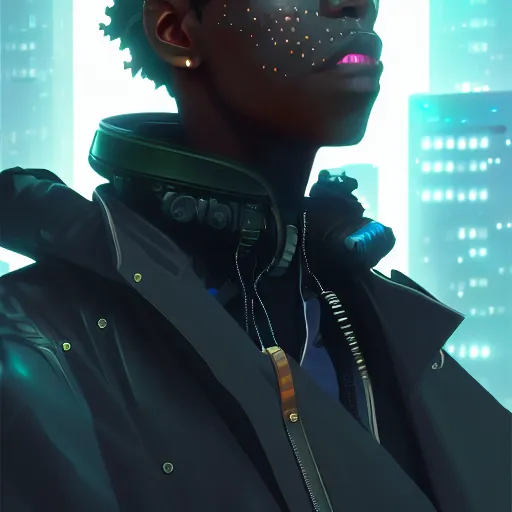 Image similar to a young black cyberpunk cowboy, tech wear, single subject, scenic full shot, ambient lighting, detailed face, by makoto shinkai, stanley artgerm lau, wlop, rossdraws