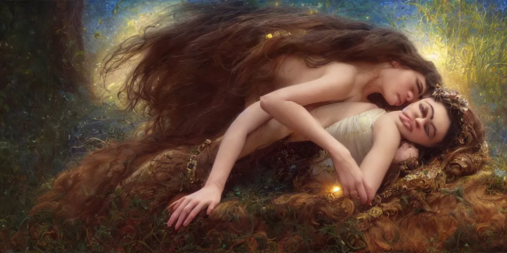 Image similar to Mila Kunis falling asleep, Lilia Alvarado, Sophie Anderson, Mark Arian, Bob Byerley, Charlie Bowater, Mark Brooks, Steve Henderson, Justin Gerard, Arthur Hughes, Edward Robert Hughes, Mark Keathley, Victor Nizovtsev, Carlos Shwabe, Ross Tran, WLOP