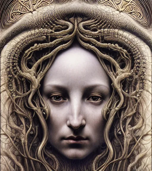 Image similar to detailed realistic beautiful solstice goddess face portrait by jean delville, gustave dore, iris van herpen and marco mazzoni, art forms of nature by ernst haeckel, art nouveau, symbolist, visionary, gothic, neo - gothic, pre - raphaelite, fractal lace, intricate alien botanicals, ai biodiversity, surreality, hyperdetailed ultrasharp octane render