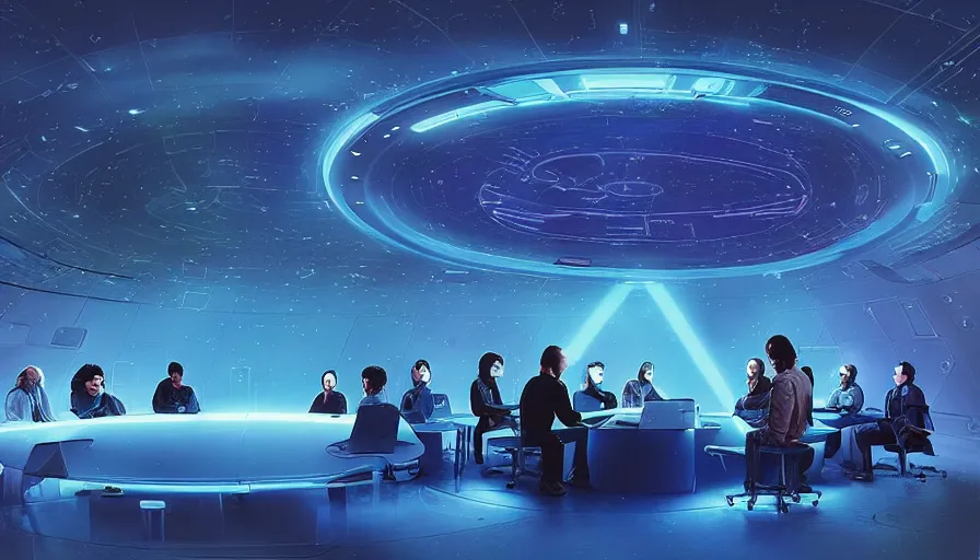 Prompt: a space ship circular meeting room with bright holodesk in the center showing a blue hologram of a solar system, dark people discussing, contrasted light, clair obscur, illustration, clean lines, star wars vibe, by sead mead, by feng zhu!!! by moebius, vivid colors, spectacular cinematic scene