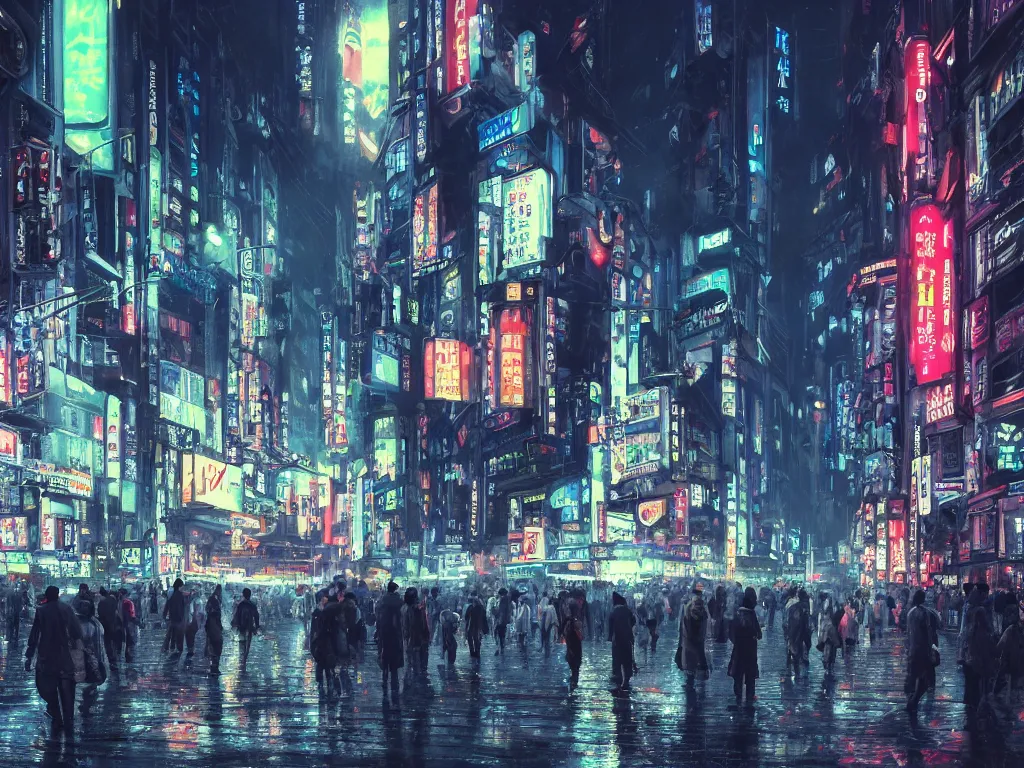 Image similar to a photorealistic hyperrealistic sci - fi rendering of gigantic tall highly detailed alien biomechanical tripods in a crowded tokyo, shinjuku street crossing at night, beautiful dramatic moody lighting, bladerunner, bright colorful neon signage, wet streets, reflections by greg rutkowski, james paick, wlop, volumetric lighting, cinematic atmosphere, artstation, 8 k