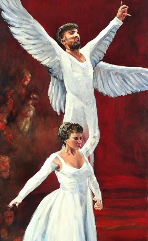 Prompt: painting artemov leonid, an opera singer in a white dress with wings on stage