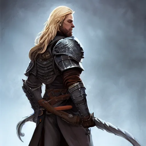 Prompt: full body rear side portrait of a muscular, grim, ponytail haired blonde man in his late 30's with only one arm armored, wearing a thick brown leather coat, looking to his side, hunter, DnD character, fantasy character, digital art by Ruan Jia, Krenz Cushart, Rossdraws