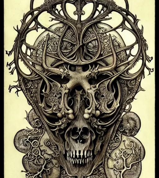 Image similar to memento mori by arthur rackham, art forms of nature by ernst haeckel, exquisitely detailed, art nouveau, gothic, ornately carved beautiful skull dominant, intricately carved antique bone, art nouveau botanicals, ornamental bone carvings, art forms of nature by ernst haeckel, horizontal symmetry, arthur rackham, ernst haeckel