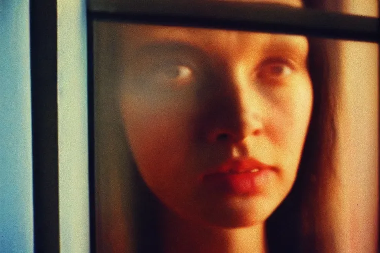 Image similar to close-up color film photography 1970s, Woman\'s portrait with the shadow of the blinds on her face, soft focus, golden hour, soft light, 35mm, film photo, Joel Meyerowitz