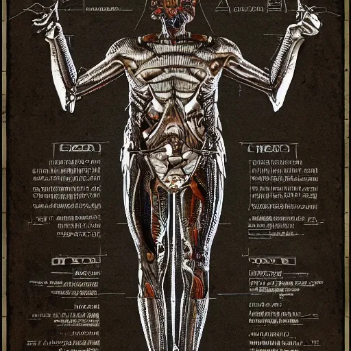 Prompt: 2 5 th century vitruvian predator in full armor anatomy poster based on predator movie, giger style, scientific schematics, proportions on a circle, blueprint, hyperdetailed vector technical documents, callouts, archviz, legend, patent registry