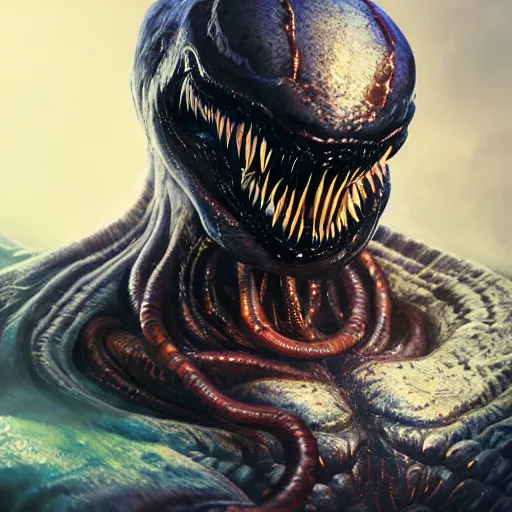 Image similar to portrait of venom, intricate artwork, concept art, octane render, deviantart, cinematic, key art, hyperrealism, iridescent accents, portrait photograph, nikon 3 5 mm, photograph by greg rutkowski