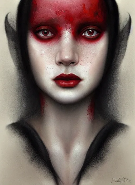 Image similar to a detailed facial portrait of black hair human female with red eyes, a beautiful face, mutation, by tom bagshaw, by dorian cleavenger, zdzisław beksinski, bastien lecouffe - deharme trending on artstation