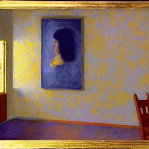 Image similar to a young girl in a blue golden room, film still by edward hopper, by Bosch, by klimt, art noveau, highly detailed, strong lights, liminal, eerie, Bright pastel colors