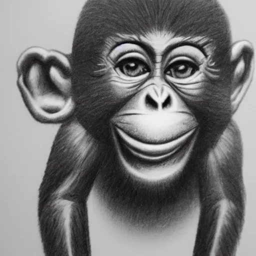 Image similar to happy monkey smiling giving a thumbs up, pencil drawing, dramatic lighting