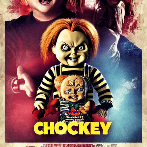 Prompt: Chucky versus Puppet Master movie poster