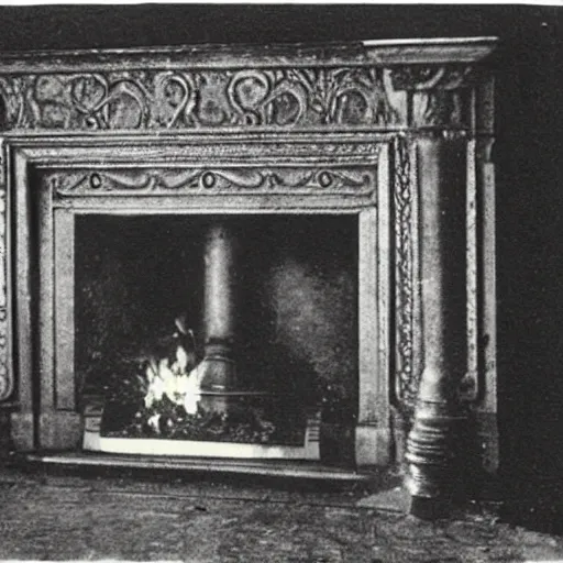 Prompt: grainy 1800s photo of an ornate fireplace that is generating atomic energy