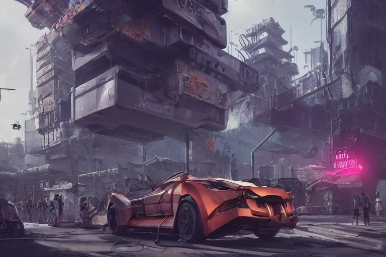 Prompt: hyperrealistic matte painting of futuristic robot quetzalcoatl, in a cyberpunk future environment with flying cars, mechanical features and graffiti, scaffolding, smog, destruction by eddie mendoza, beeple, 4 k, trending on cgsociety