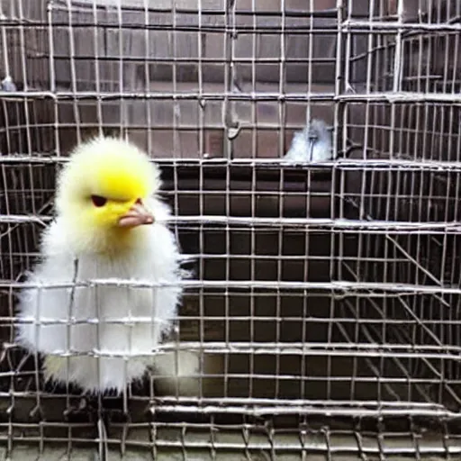 Prompt: cute baby chick dressed as an inmate in jail