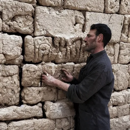 Image similar to award winning cinematic still of 40 year old man in ancient Canaanite clothing building a broken wall in Jerusalem, directed by Christopher Nolan