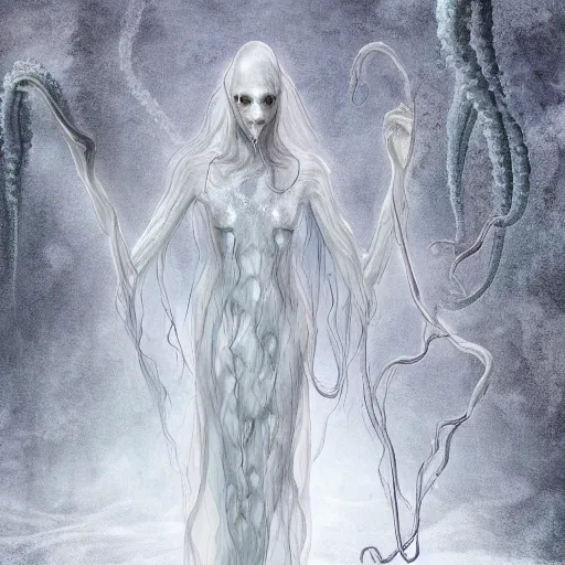 Image similar to concept designs of an ethereal ghostly wraith like figure with a squid like parasite latched onto its transparent skull and long tentacle arms that flow lazily but gracefully at its sides like a cloak while it floats around a frozen rocky tundra in the snow searching for lost souls and that hides amongst the frosted trees, this character has hydrokinesis and electrokinesis for the resident evil village video game franchise with inspiration from the franchise Bloodborne in the style of arcane the series on netflix