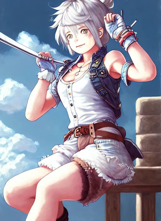 Image similar to a portrait of catgirl wearing white vest, and denim shorts an ultrafine detailed painting, detailed painting, detailed eyes, octopath traveler