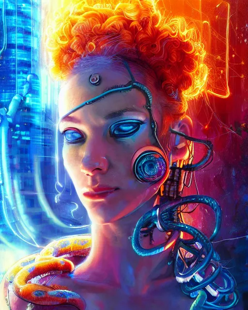 Prompt: a cyberpunk close up portrait of cyborg medusa, electricity, snakes in hair, sparks, bokeh, soft focus, skin tones, warm, blue, sunny sky, by paul lehr, jesper ejsing