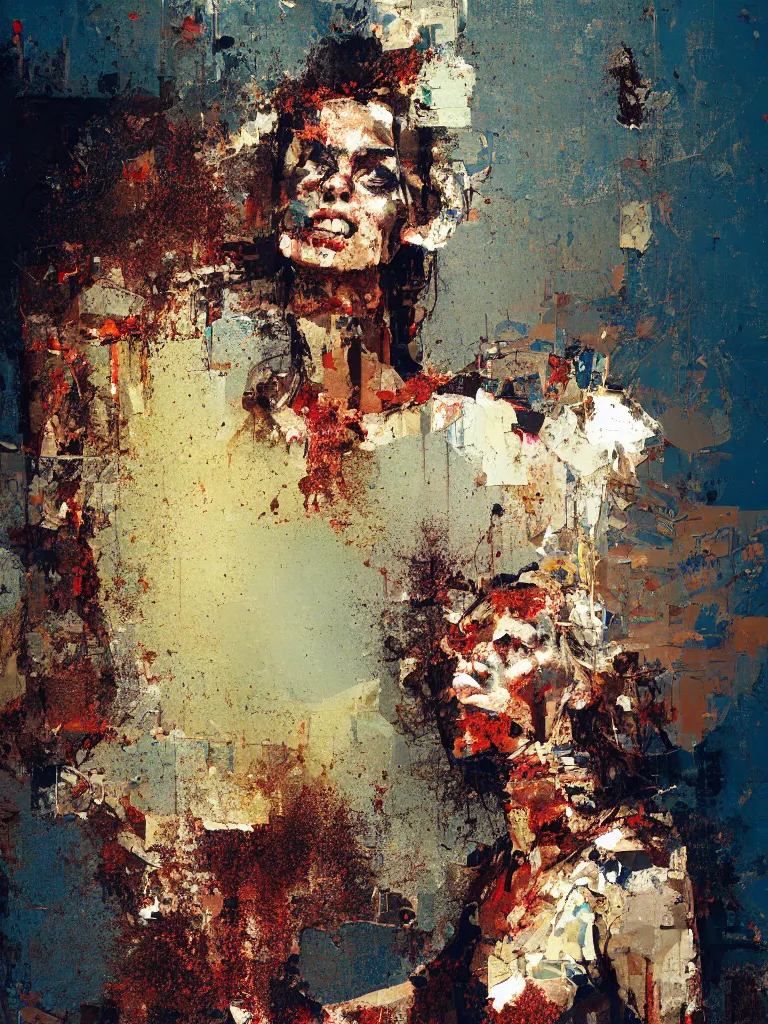 Image similar to a beautiful painting by robert proch and christian hook of a woman in a glitched bathroom, metal rust and plaster materials, pixel sorting, color bleeding, brushstrokes by jeremy mann