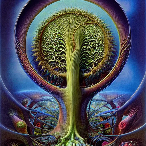 Prompt: divine chaos engine by roger dean and andrew ferez, tree of life, symbolist, visionary, detailed, realistic, surreality, art forms of nature by ernst haeckel, deep rich moody colors, botanical fractal structures, art nouveau
