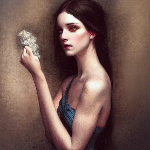 Image similar to a painting in the style of tom bagshaw, and in the style of stephen bauman, and in the style of john william waterhouse. smooth, sharp focus, semi - realism.