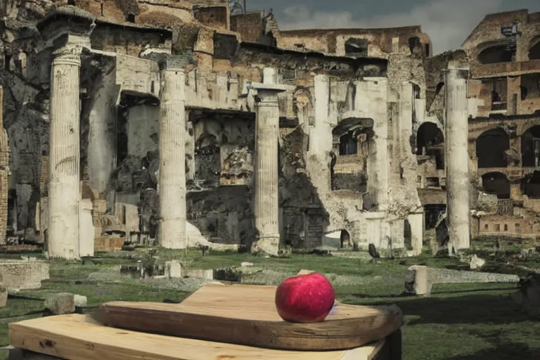 Image similar to An apple sitting on a table over the ruins of a sacked Rome, award winning photograph.