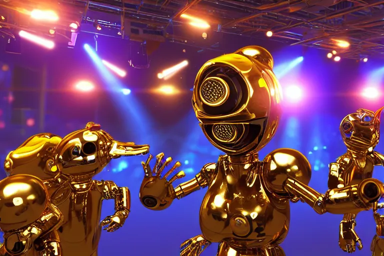 Image similar to scene from the voice of america, on stage are 4 golden and blue metal humanoid steampunk robots dancing wild, robots are wearing golden gears and tubes, eyes are glowing red lightbulbs, shiny crisp finish, 3 d render, 8 k, insaneley detailed, fluorescent colors, nightlight