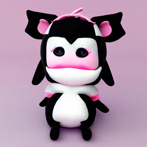 Image similar to cute fumo chibi plush imp, black and white with pink ribbon and hearts, soft shadow, vray