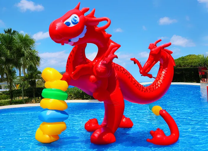 Image similar to inflatable dragon balloon, majestic dragon made of inflated latex rubber, pool toy, air valve, air nozzle, summertime, beach scene