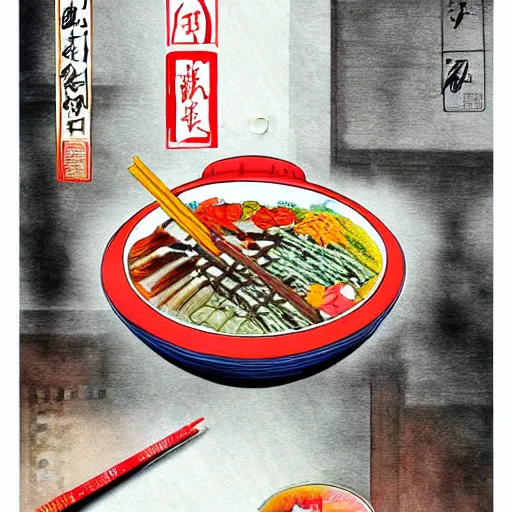 Image similar to chongqing hot pot, digital art, style of traditional chinese painting