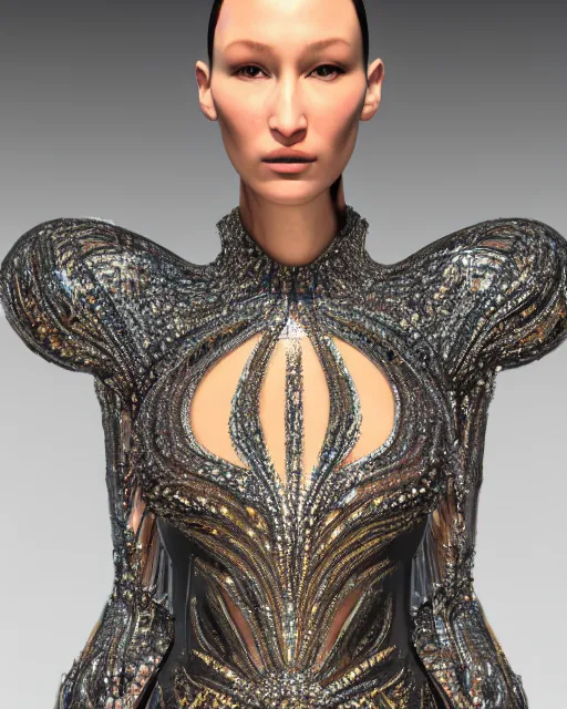 Image similar to a highly detailed metahuman 8 k close up render of bella hadid renaissance in iris van herpen dress in diamonds crystals swarovski and jewelry iridescent in style of gustav klimt on artstation made in unreal engine 4