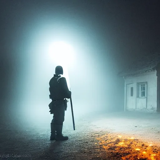 Prompt: a small village at night time, orange glowing light filters out through the windows of the houses and a thin mist has settled around then, a lone guard stands watch armed with a spear and a flaming torch, dramatic, dark moody lighting, high quality