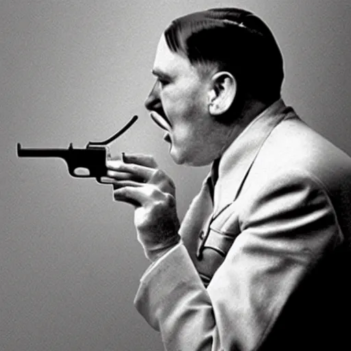 Image similar to photo of adolf hitler pointing a gun to his mouth while crying, before suicide, in the style of martin schoeller