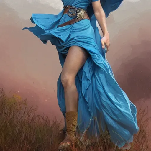 Image similar to full figure ultra realistic illustration, tessa thompson wearing a maiden blue dress, blonde flowy hair, old west, intricate, elegant, highly detailed, digital painting, artstation, concept art, smooth, sharp focus, illustration, art by artgerm and greg rutkowski and alphonse mucha