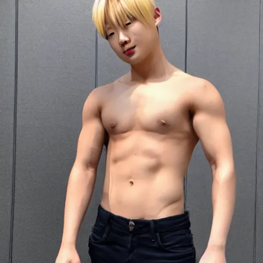 Image similar to a blond korean 2 0 year old man with large muscles and abs