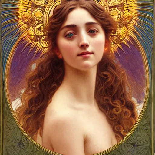 Image similar to portrait of the goddess of the sun who looks like Ana de Armas and Saoirse Ronan, D&D, fantasy, intricate, elegant, highly detailed, digital painting, artstation, smooth, sharp focus, art nouveau illustration, by Alphonse Mucha and William Adolphe Bouguereau