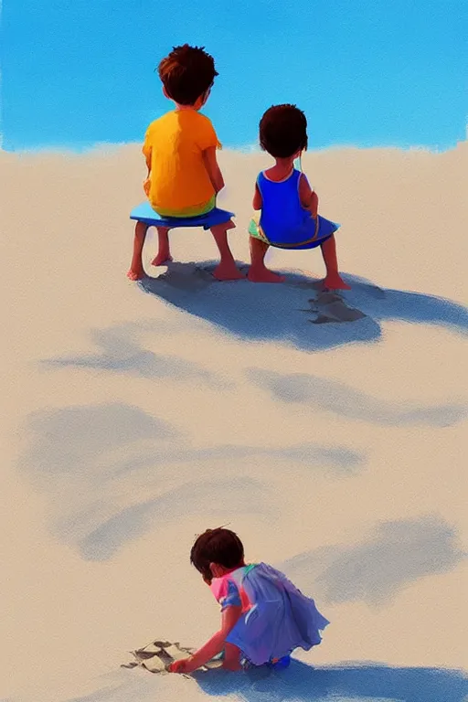 Prompt: Two children sitting on the sand, making sandcastles, blue sky, digital painting, artstation, concept art, smooth, sharp focus, behance, HD, by Benji Davies