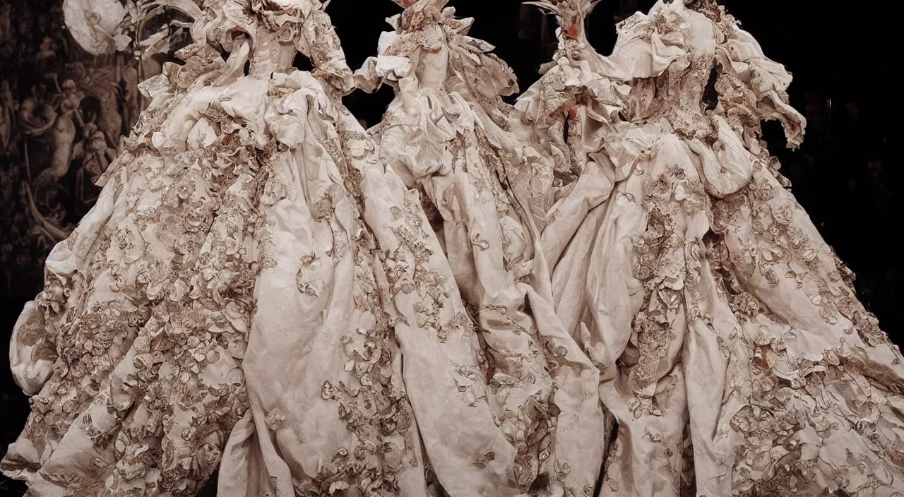 Prompt: fashion design inpired by fairy tale, for dragon queen, designed by alexander mcqueen, rococo