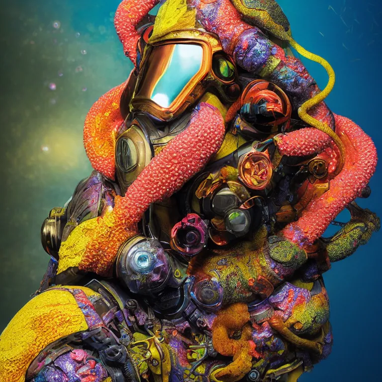 Image similar to octane render portrait by wayne barlow and carlo crivelli and glenn fabry, subject is a shiny reflective psychedelic colorful cybernetic android black ops scuba diver with small dim lights inside helmet, surrounded by bubbles inside an exotic alien coral reef aquarium full of exotic fish and sharks, cinema 4 d, ray traced lighting, very short depth of field, bokeh
