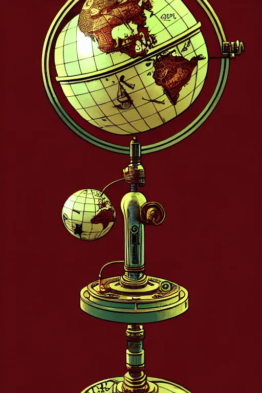 Prompt: ornate steampunk rotating globe on stand, high details, lineart, by vincent di fate, inking, 3 color screen print, masterpiece, trending on artstation, sharp, high contrast, hyper - detailed,, hd, 4 k, 8 k