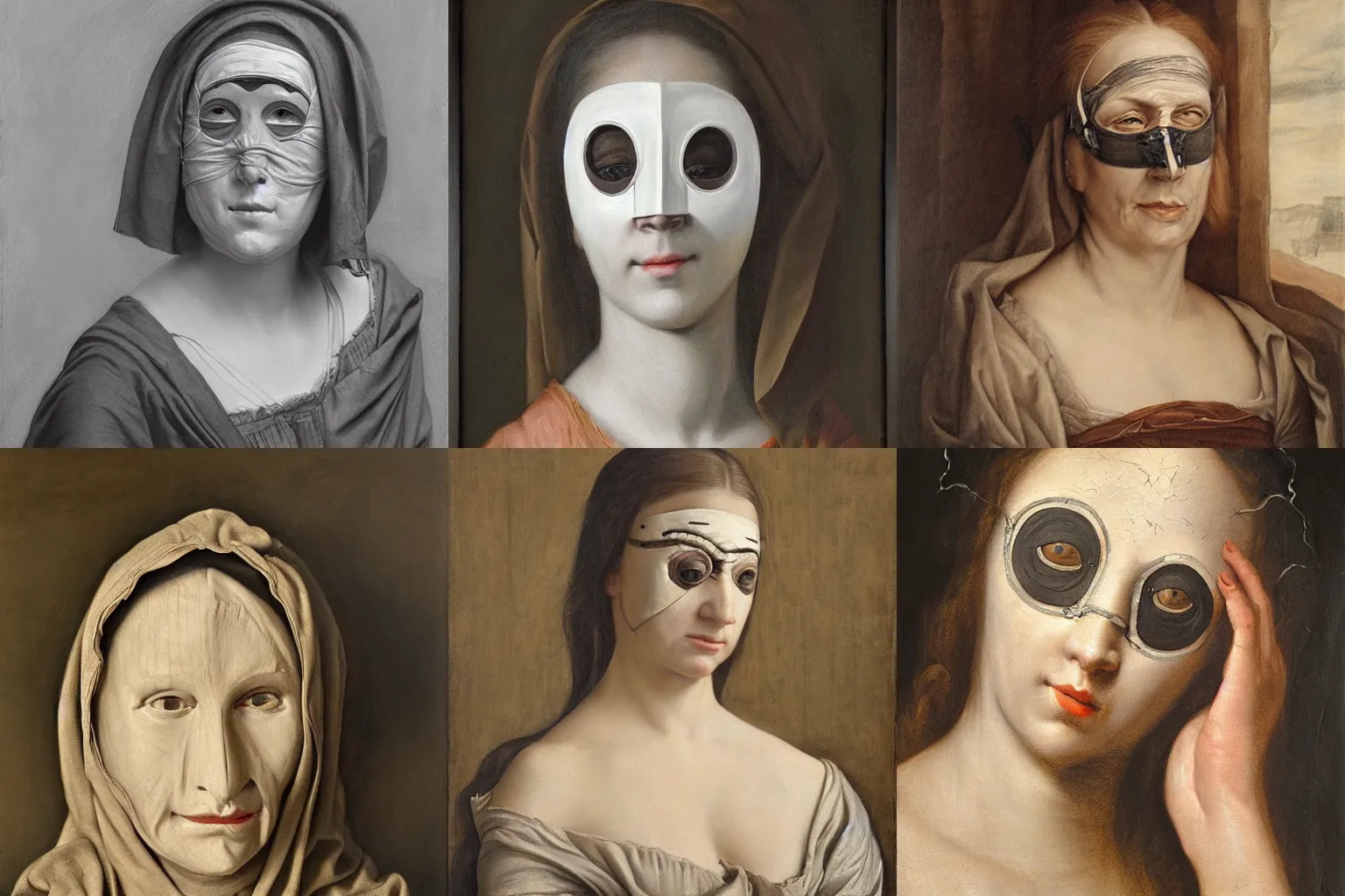 Prompt: The blind beautiful woman in mask in the old masters style, grisaille, highly detailed oil painting, 4k, masterpiece