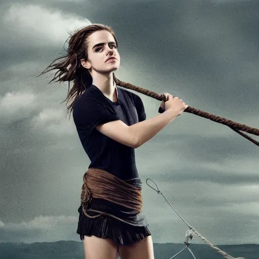 Prompt: emma watson, full body and face, head to toe showing in the photo, hands tied with a metal pole via rope, damsels in distress, 4 k, hyperrealistic