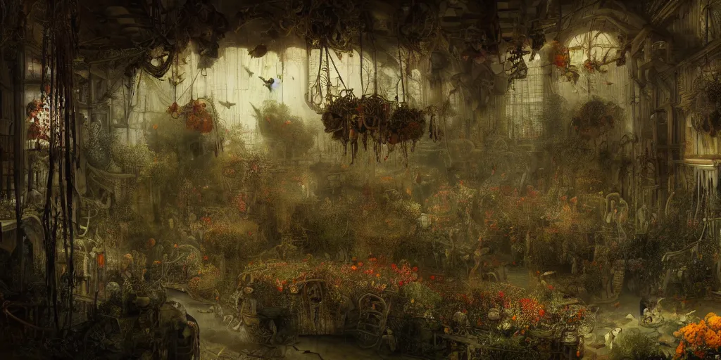 Prompt: 'Life from death' An aesthetic horror landscape painting depicting 'A slaughterhouse interior with plants and flowers growing all over it, birds and insects flying all around it' by Rembrandt, Trending on cgsociety artstation, 8k, masterpiece, cinematic lighting, highly detailed, vibrant colors.