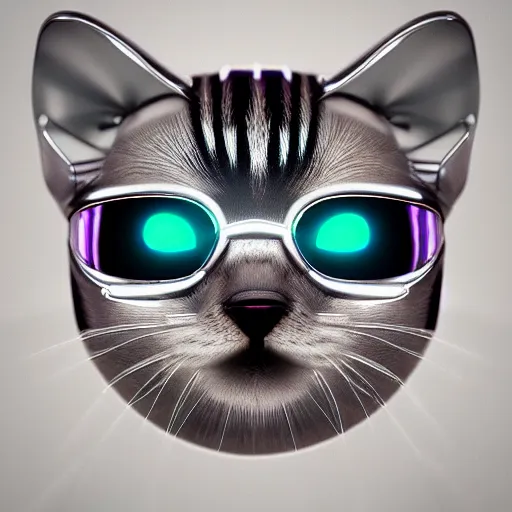 Prompt: chrome kitten, glossy, metallic, neon, symmetrical, tribal patterns, realistic, unreal engine, octane, redshift, artstation, behance