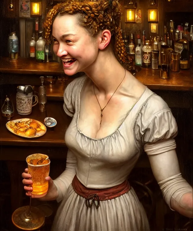 Prompt: hyperrealistic mixed media painting of a beautiful smiling charismatic barmaid, dimly lit cozy tavern, relaxed pose, medieval period, stunning 3d render inspired art by Tim Okamura + perfect facial symmetry + dim volumetric lighting, 8k octane beautifully detailed render, post-processing, extremely hyperdetailed, intricate, epic composition, grim yet sparkling atmosphere, cinematic lighting + masterpiece, trending on artstation, very very detailed, masterpiece, stunning, lifelike, photorealistic, art by John Collier and Albert Aublet and Krenz Cushart and Artem Demura and Alphonse Mucha