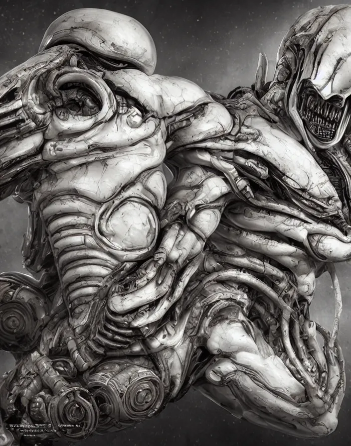 Image similar to engineer prometheus, xenomorph alien, highly detailed, symmetrical long head, smooth marble surfaces, detailed ink illustration, raiden metal gear, cinematic smooth stone, deep aesthetic, concept art, post process, 4k, carved marble texture and silk cloth, latex skin, highly ornate intricate details, prometheus, evil, moody lighting, hr geiger, hayao miyazaki, indsutrial Steampunk